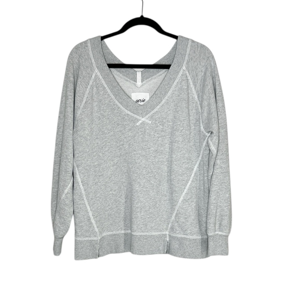 Aerie Cozy Downtime V-Neck Sweatshirt in Medium Heather Gray size XXS